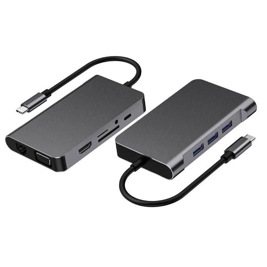 Multifuncional 10 en 1 USB-C [ 3 x USB 3.0 / RJ45  / HDMI / VGA / SD y TF / USB-C / Audio ] [ MacBook y iPad con usb-c ] - Vista 1