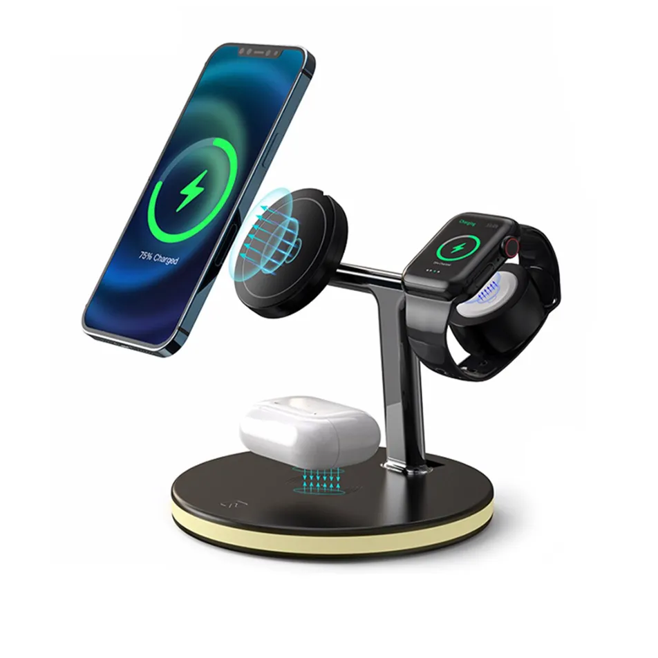Cargador Inalámbrico 3 en 1 Tercera Generación 25W Premium Multi Función. [ iPhone 8 al 16 / Apple Watch 1 al 9 / AirPods 2, 3 y Pro ] Soporte circular solo compatible con iPhone 12 al 15 - Vista 1