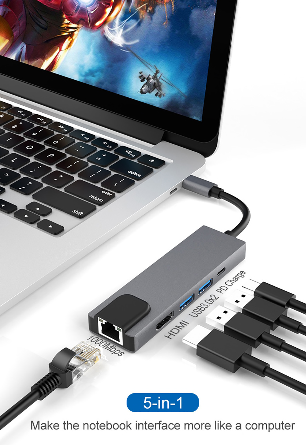 Adaptador Multi Puerto 5 en 1 [ HDMI / 2 x USB 3.0 / Ethernet / USB-C ]  para MacBook [ TouchBar / Air Retina / New ] M1 y M2 - Tumac